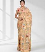 Beige silk blend kantha stitch saree with multicolor thread work