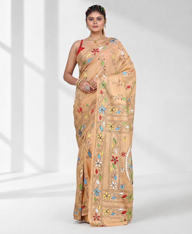 Beige silk blend kantha stitch saree with multicolor thread work