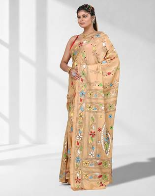 Beige silk blend kantha stitch saree with multicolor thread work 2
