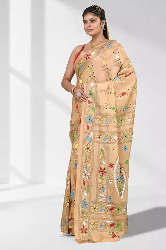 Beige silk blend kantha stitch saree with multicolor thread work
