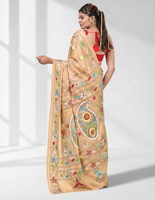 Beige silk blend kantha stitch saree with multicolor thread work 3