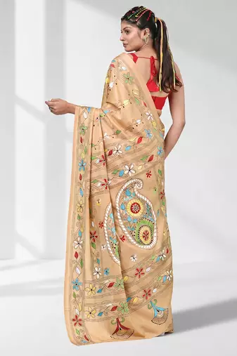 Beige silk blend kantha stitch saree with multicolor thread work