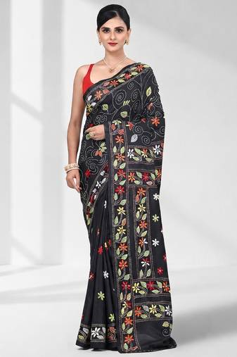 Black silk blend kantha stitch saree with multicolor thread work