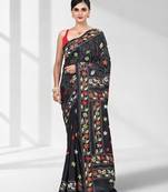 Black silk blend kantha stitch saree with multicolor thread work