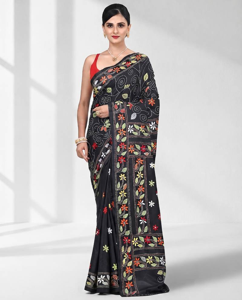 Black silk blend kantha stitch saree with multicolor thread work