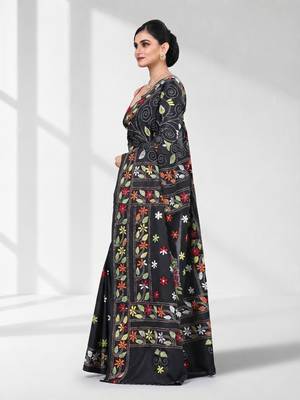Black silk blend kantha stitch saree with multicolor thread work 2