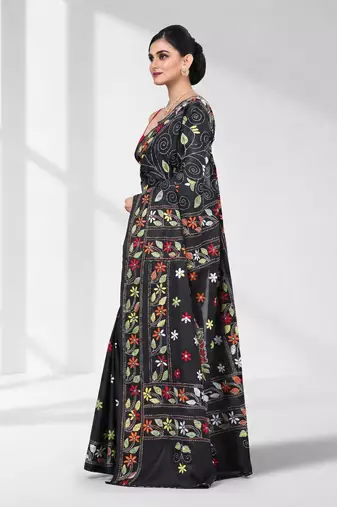 Black silk blend kantha stitch saree with multicolor thread work