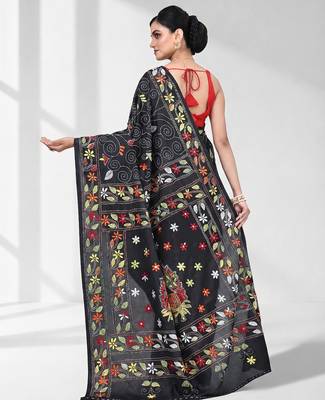 Black silk blend kantha stitch saree with multicolor thread work 3