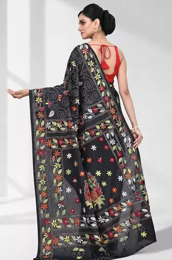 Black silk blend kantha stitch saree with multicolor thread work