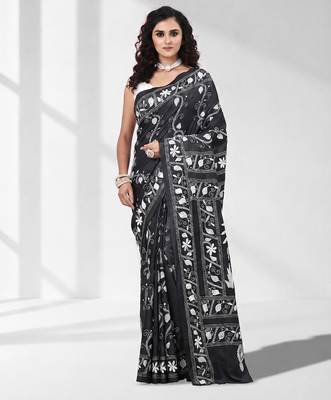 Black silk blend kantha stitch saree with white elephant & floral thread work 1