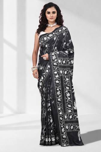 Black silk blend kantha stitch saree with white elephant & floral thread work