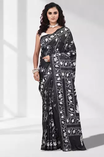 Black silk blend kantha stitch saree with white elephant & floral thread work