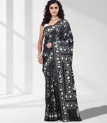 Black silk blend kantha stitch saree with white elephant & floral thread work