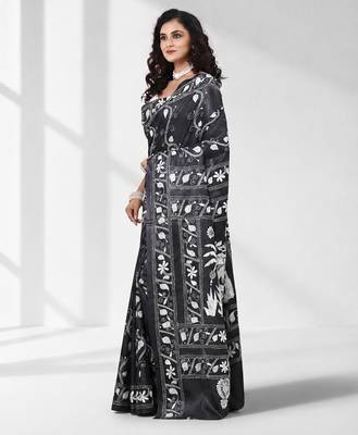 Black silk blend kantha stitch saree with white elephant & floral thread work 2