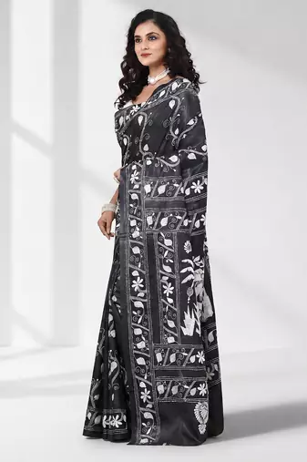 Black silk blend kantha stitch saree with white elephant & floral thread work