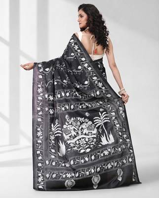 Black silk blend kantha stitch saree with white elephant & floral thread work 3