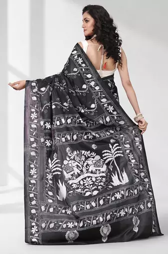 Black silk blend kantha stitch saree with white elephant & floral thread work