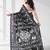 Black silk blend kantha stitch saree with white elephant & floral thread work
