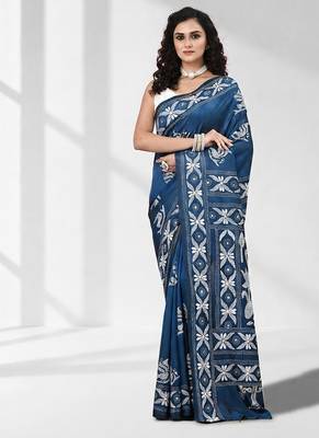 Aegean blue silk blend kantha stitch saree with white peacock & floral thread work 1