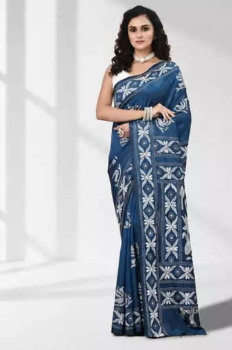 Aegean blue silk blend kantha stitch saree with white peacock & floral thread work