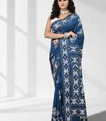 Aegean blue silk blend kantha stitch saree with white peacock & floral thread work