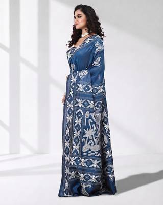 Aegean blue silk blend kantha stitch saree with white peacock & floral thread work 2