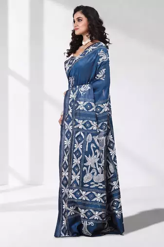 Aegean blue silk blend kantha stitch saree with white peacock & floral thread work