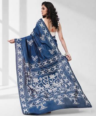Aegean blue silk blend kantha stitch saree with white peacock & floral thread work 3