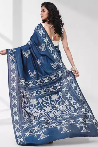 Aegean blue silk blend kantha stitch saree with white peacock & floral thread work