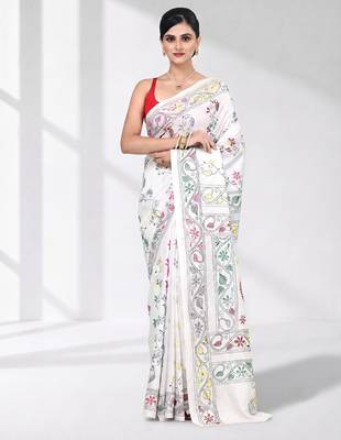White silk blend kantha stitch saree with multicolor thread work 1
