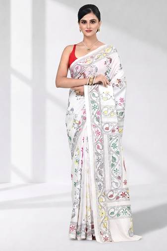 White silk blend kantha stitch saree with multicolor thread work