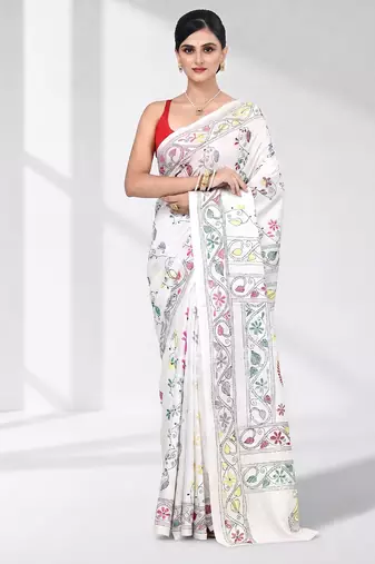 White silk blend kantha stitch saree with multicolor thread work