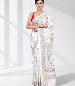 White silk blend kantha stitch saree with multicolor thread work