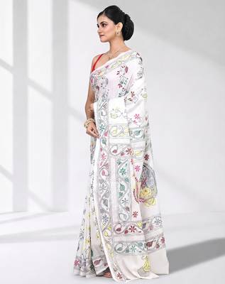 White silk blend kantha stitch saree with multicolor thread work 2