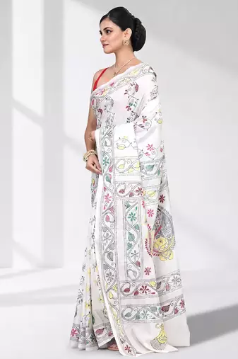 White silk blend kantha stitch saree with multicolor thread work