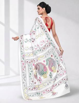White silk blend kantha stitch saree with multicolor thread work 3
