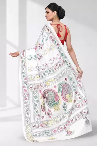 White silk blend kantha stitch saree with multicolor thread work