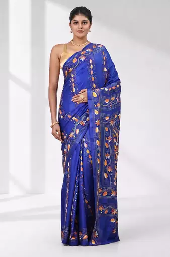 Blue silk blend kantha stitch saree with multicolor thread work