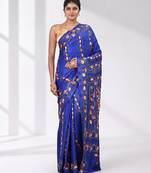 Blue silk blend kantha stitch saree with multicolor thread work