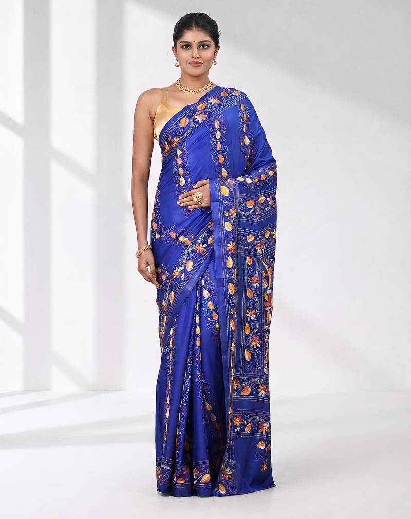 Blue silk blend kantha stitch saree with multicolor thread work