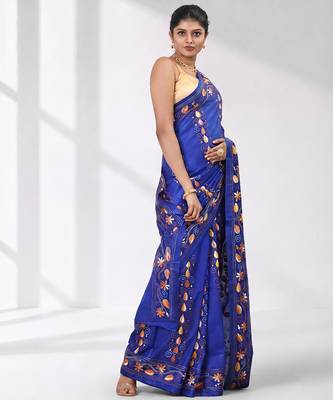 Blue silk blend kantha stitch saree with multicolor thread work 2