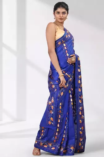 Blue silk blend kantha stitch saree with multicolor thread work