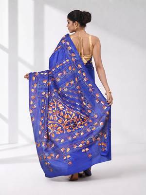 Blue silk blend kantha stitch saree with multicolor thread work 3