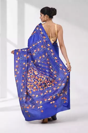 Blue silk blend kantha stitch saree with multicolor thread work
