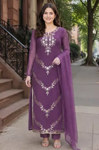 Purple georgette kurta with viscose bottom & nazmin dupatta