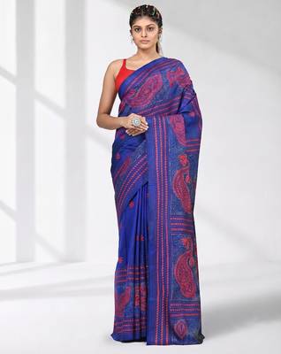 vibrant blue bangalore silk blend kantha stitch saree with red ethnic motif 1