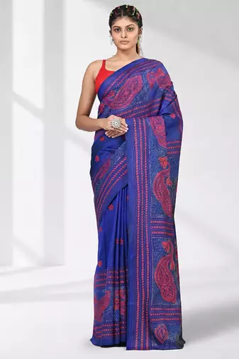 vibrant blue bangalore silk blend kantha stitch saree with red ethnic motif