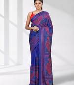 vibrant blue bangalore silk blend kantha stitch saree with red ethnic motif