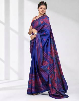 vibrant blue bangalore silk blend kantha stitch saree with red ethnic motif 2