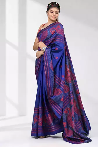 vibrant blue bangalore silk blend kantha stitch saree with red ethnic motif